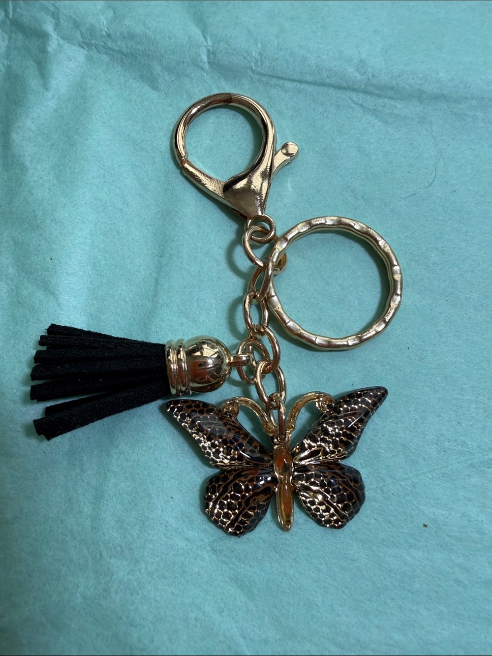 Gold Tone & Black Butterfly Tassel Keychain - Black Tassel
